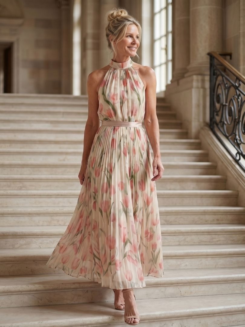Aurelle – Floral Halter Pleated Maxi Dress